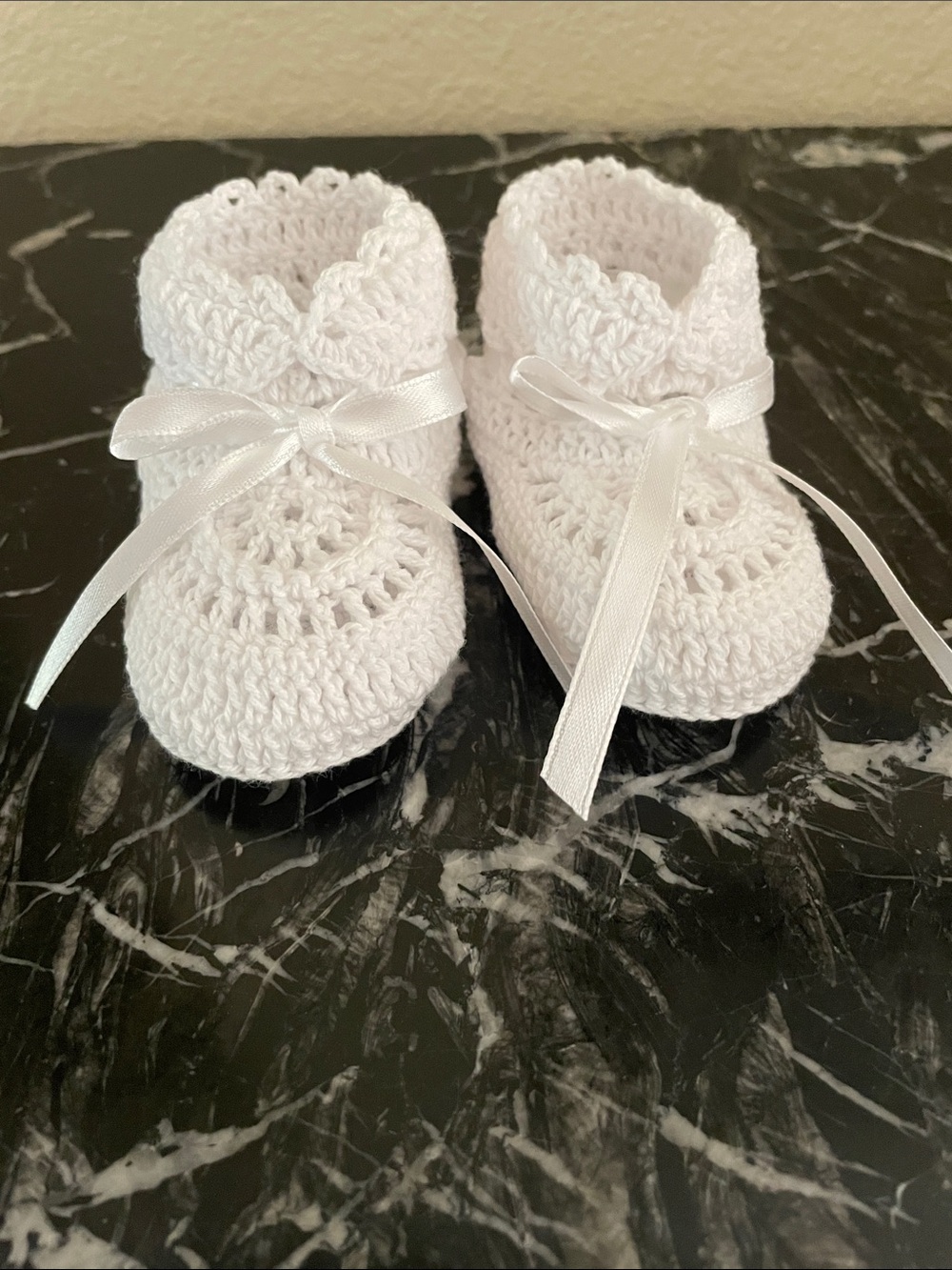 White Crochet Baby Booties with Satin Ribbon 0-3 Months